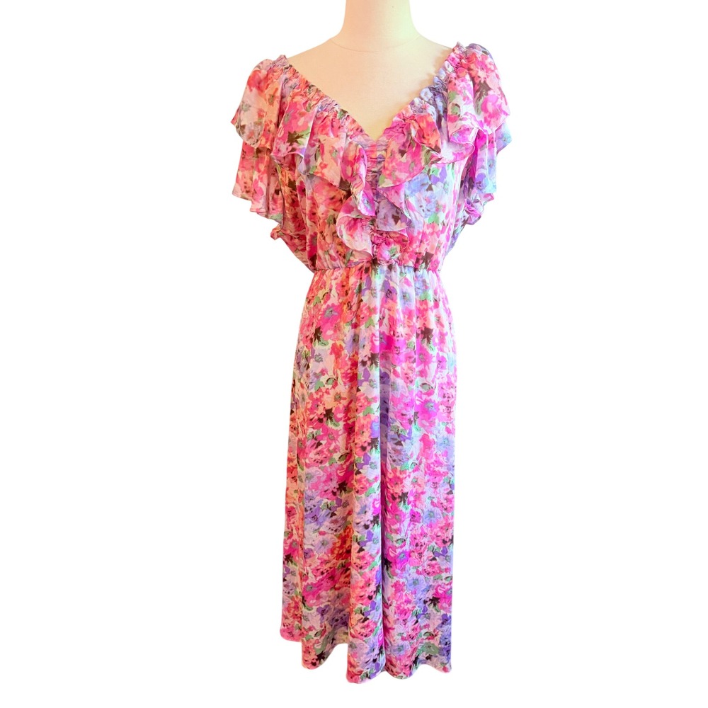 Taylor Floral Ruffle Maxi Dress Pink Purple Watercolor Flutter Sleeve Size 18